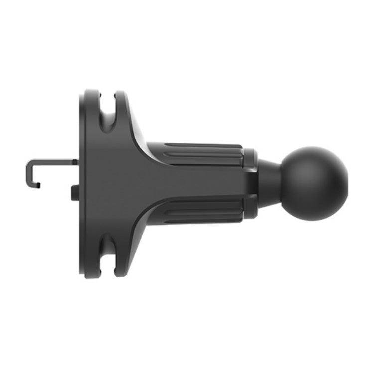 Black phone holder clip with long arm and ball head, side view of clamp mount