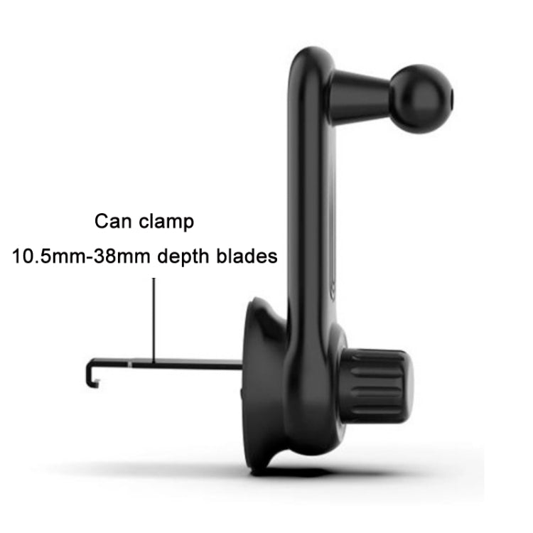 Black can clamp phone holder with ball head, depth blades shown in diagram