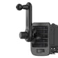 Black car phone holder clip with ball head and vent mount, angled close-up