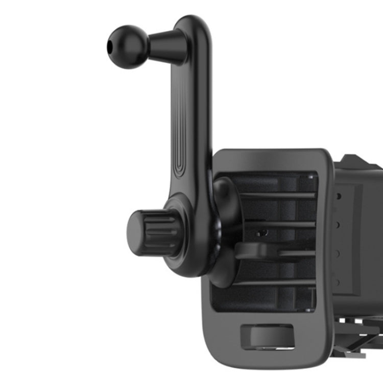 Black car phone holder clip with ball head and vent mount, angled close-up