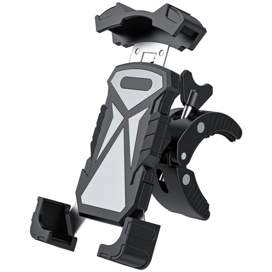 Gray and black outdoor bicycle phone holder with locking top and handlebar mount