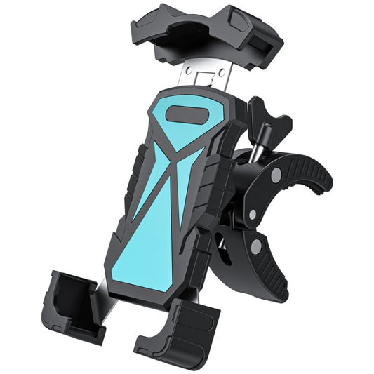 Blue and black outdoor bicycle phone holder with locking top and handlebar mount