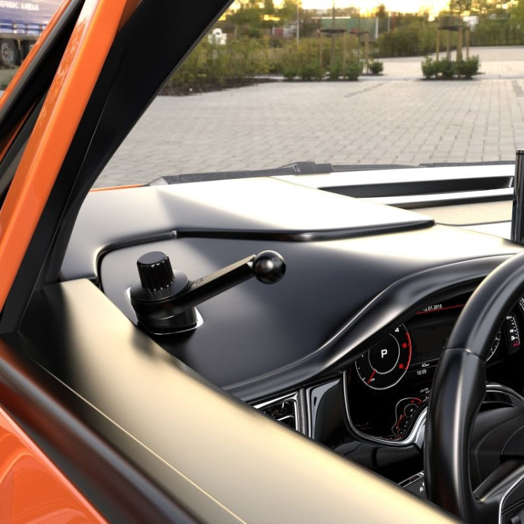 Black center console phone bracket installed in car, metal arm with base