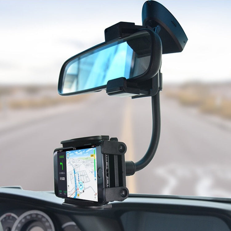 Car rearview mirror phone clip with flexible arm and clamp, holding a navigation phone