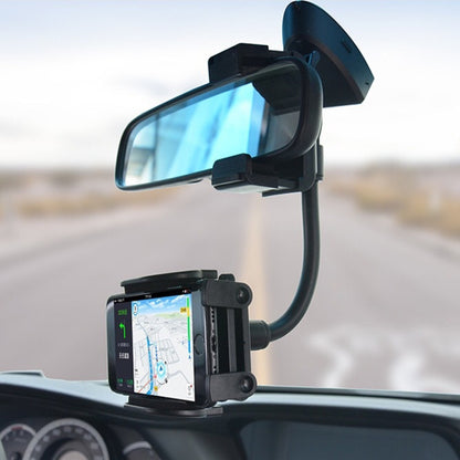 Car rearview mirror phone clip with flexible arm and clamp, holding a navigation phone