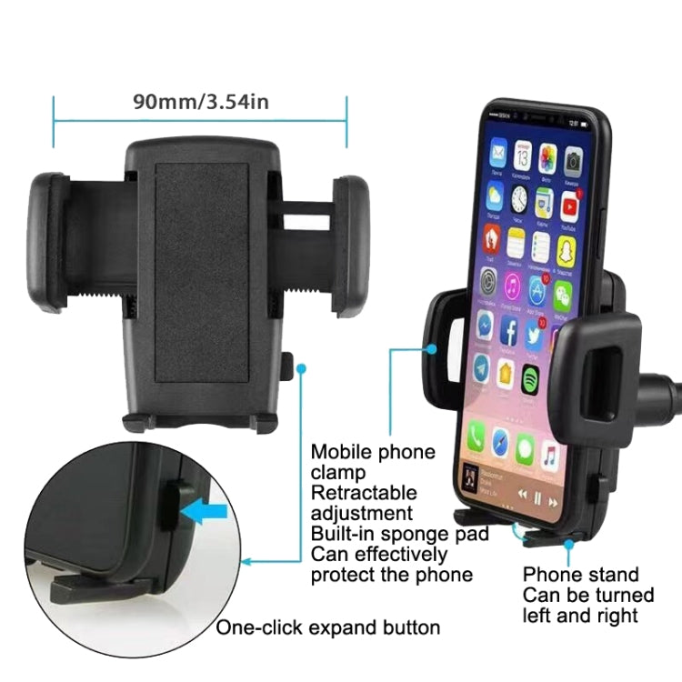 Black retractable phone clamp with adjustable cradle and one-click expand button