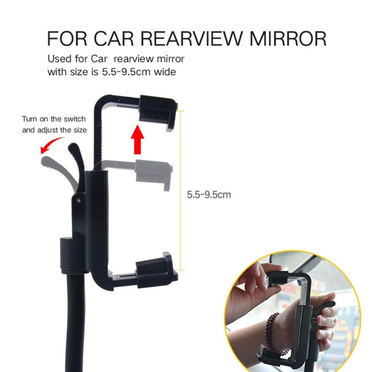 Car rearview mirror phone holder bracket with adjustable switch and width range