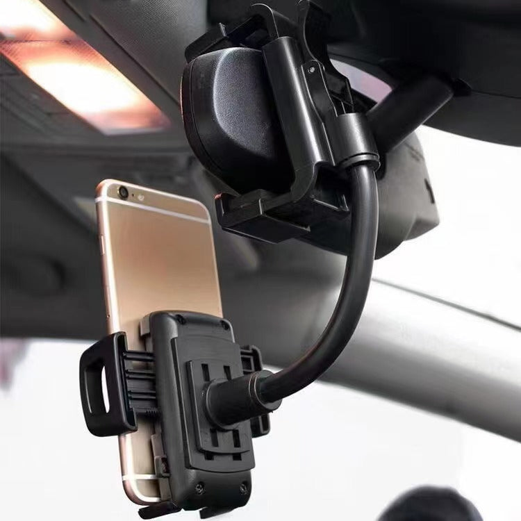 Car rearview mirror phone clip holding a smartphone with secure side clamp