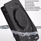 Black car phone/tablet holder with suction pad and cradle, shown with water droplets