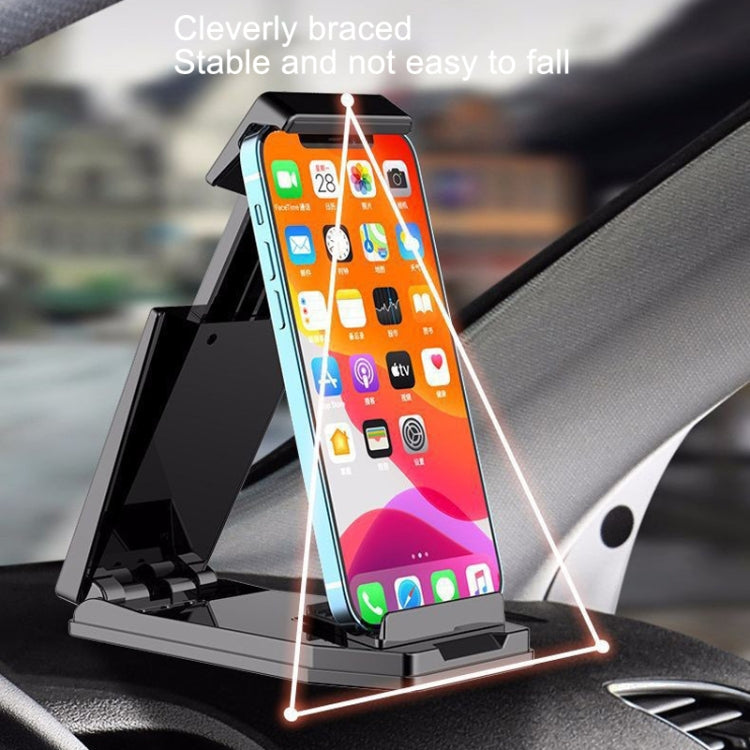 Black car phone holder with cradle holding a smartphone, sturdy angled base