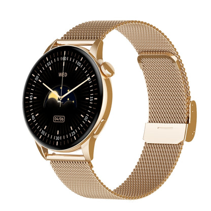 Gold-tone stainless steel mesh smart watch with black AMOLED screen and circular bezel