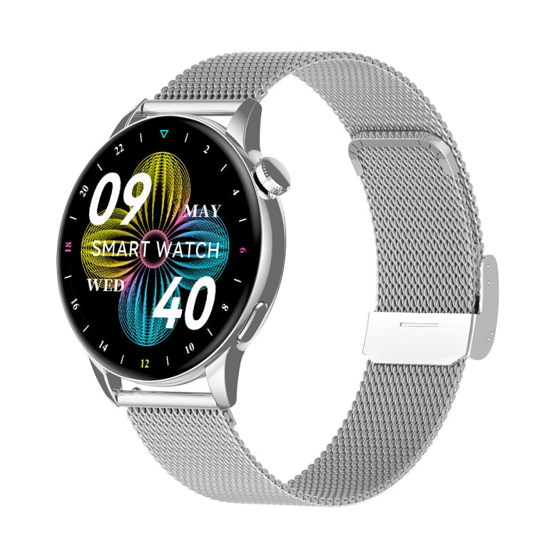 Silver-tone stainless steel mesh smart watch with black AMOLED screen and colorful icons