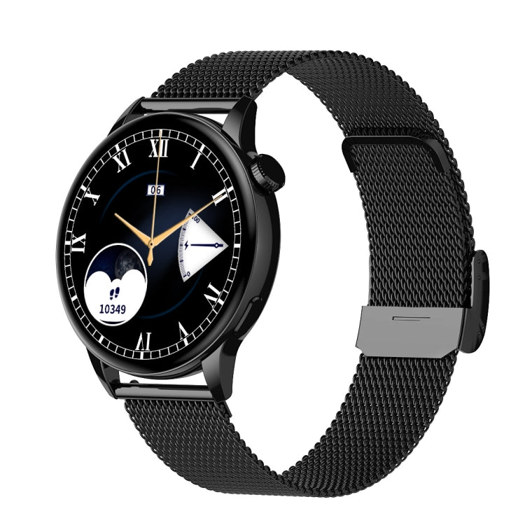 Black smart watch with black mesh strap and dark AMOLED screen with analog hands