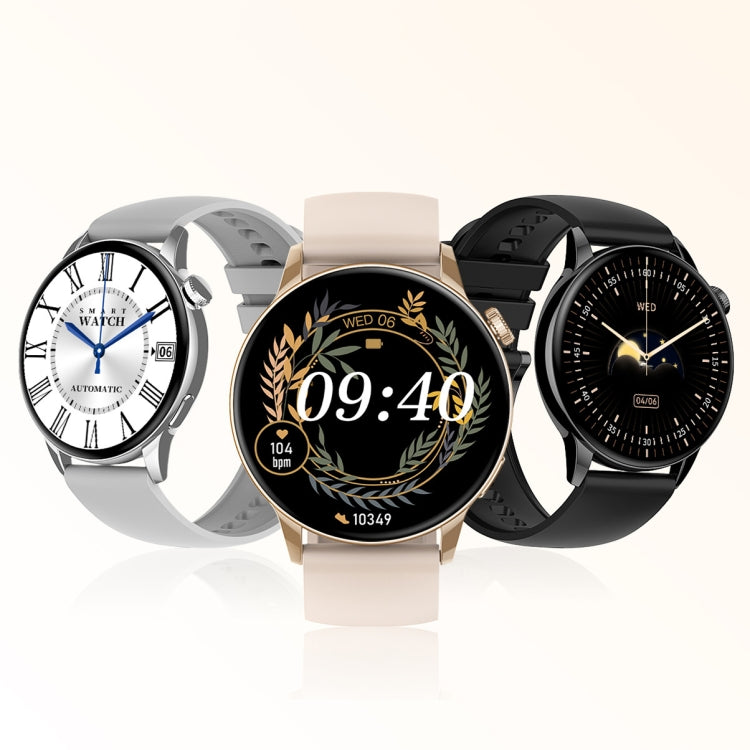 Smart watch trio with black, gold, and silver cases and silicone straps on stands