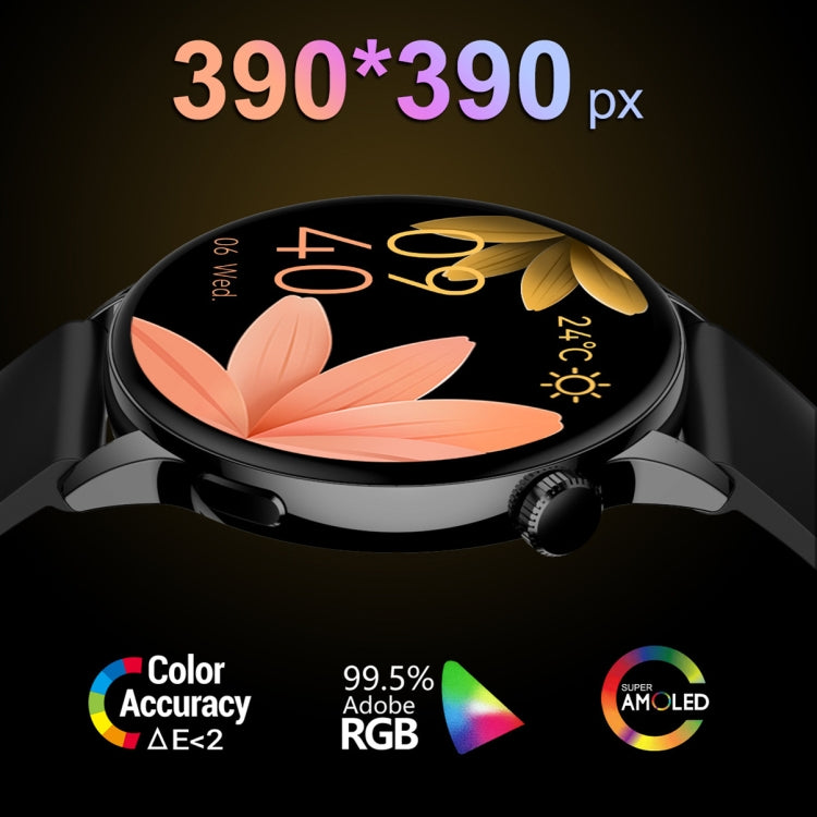 Black smart watch with round AMOLED screen featuring floral graphics and black strap