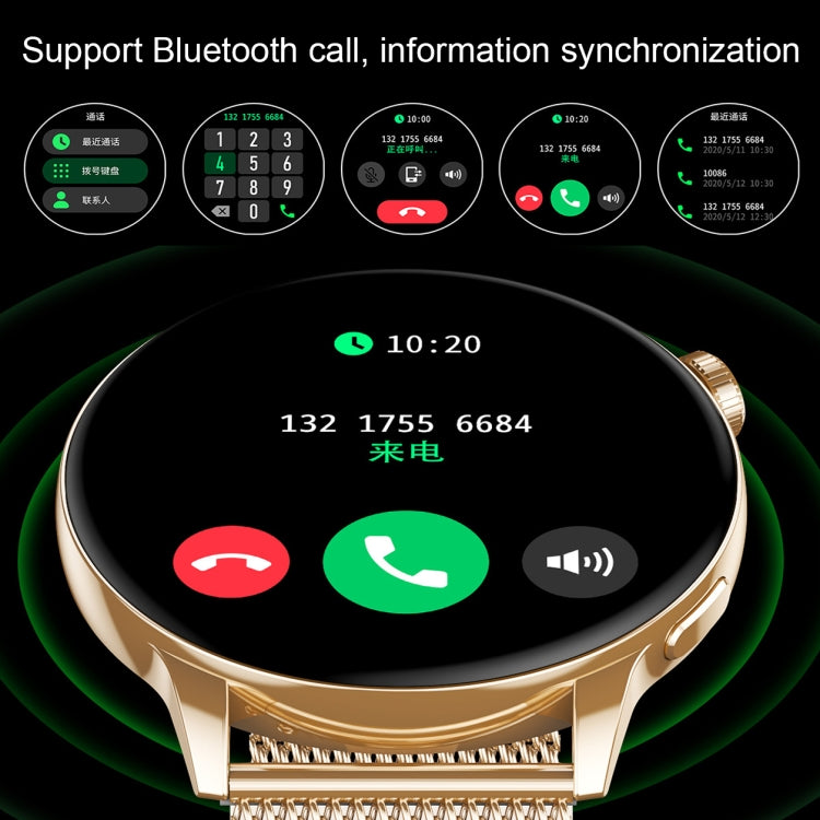 Gold-tone smart watch with black screen showing call and notification icons and metal band
