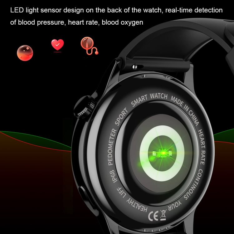 Black smartwatch back view with glowing sensor and black silicone strap