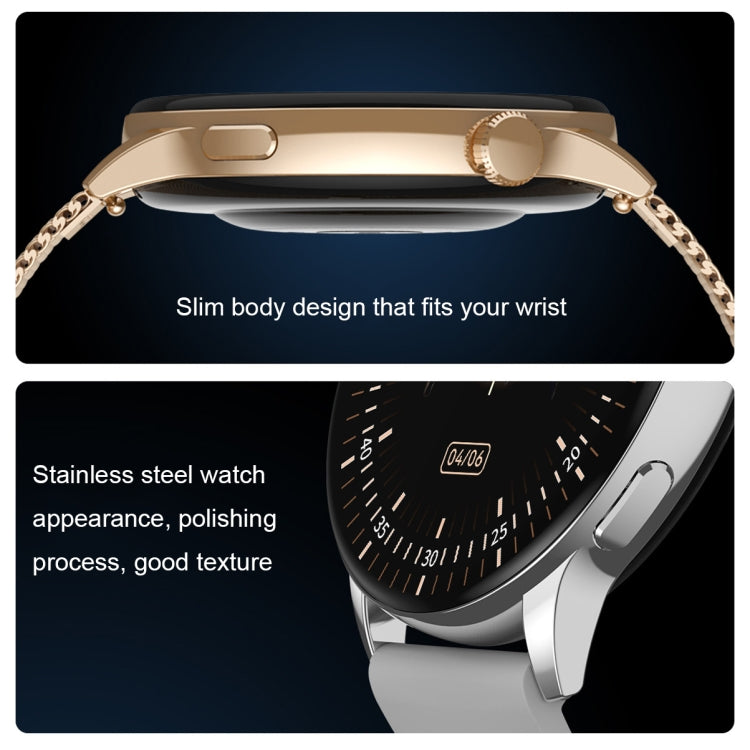 Gold and silver smart watches with silicone straps, shown in side and close-up views