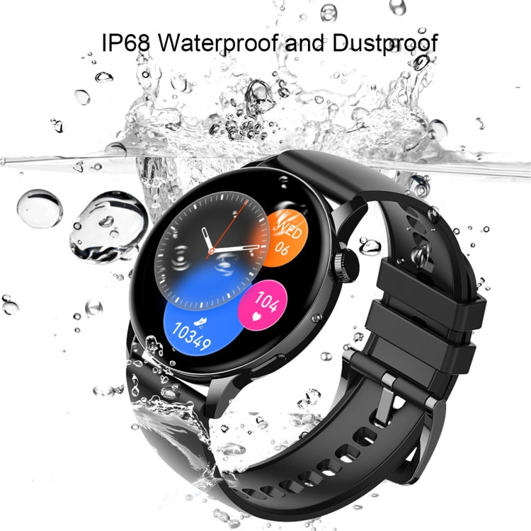 Black smart watch with round AMOLED screen and black silicone strap