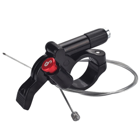 Black bicycle front fork wire controller with red switch, needle and cable leads