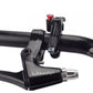 Close-up black front fork wire controller with red button and metal connector