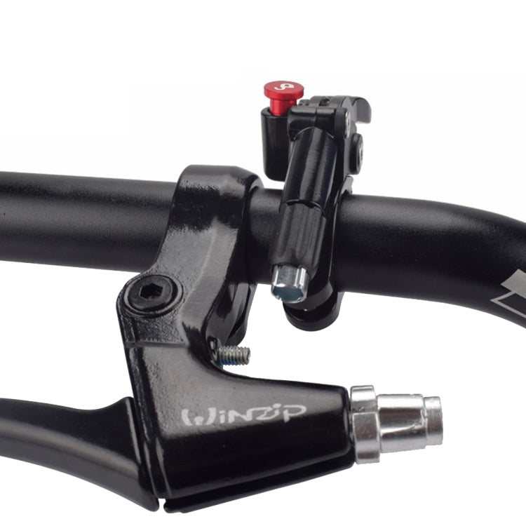 Close-up black front fork wire controller with red button and metal connector