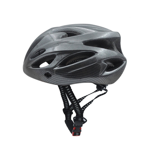 Dark gray carbon-style bike helmet with black chin strap and ventilation vents