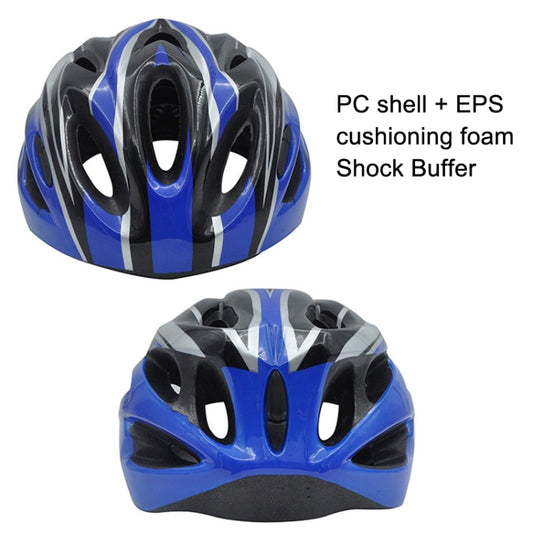 Blue and black bicycle helmet with internal EPS cushioning and vent openings