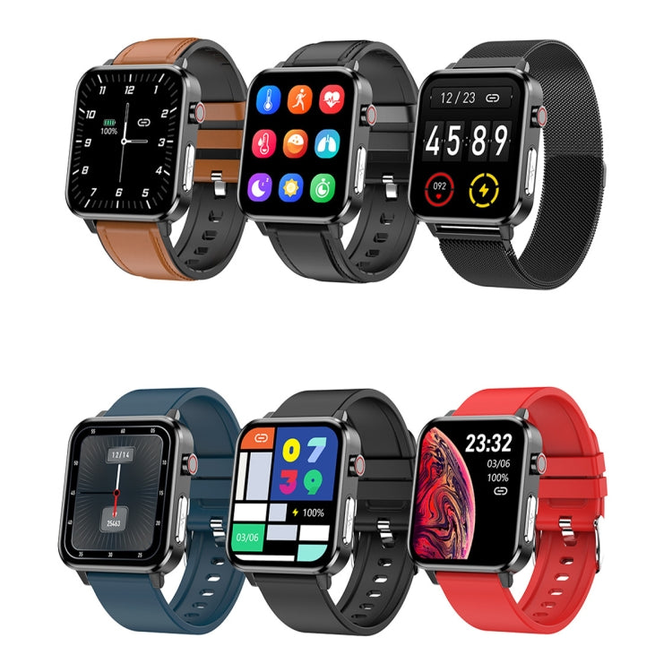 Bluetooth smartwatch set showing multiple strap colors: tan leather, black silicone, red silicone