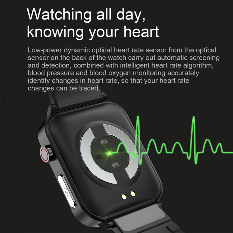 Black smartwatch with green heart-rate waveform graphic on display and side buttons