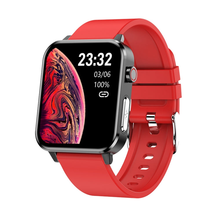 Bluetooth smartwatch with red silicone strap and black case, colorful heart-themed display