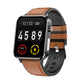 Bluetooth smartwatch with brown leather strap and black case, large digital time display