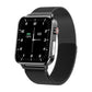 Bluetooth smartwatch with black mesh strap and black case, analog-style time face