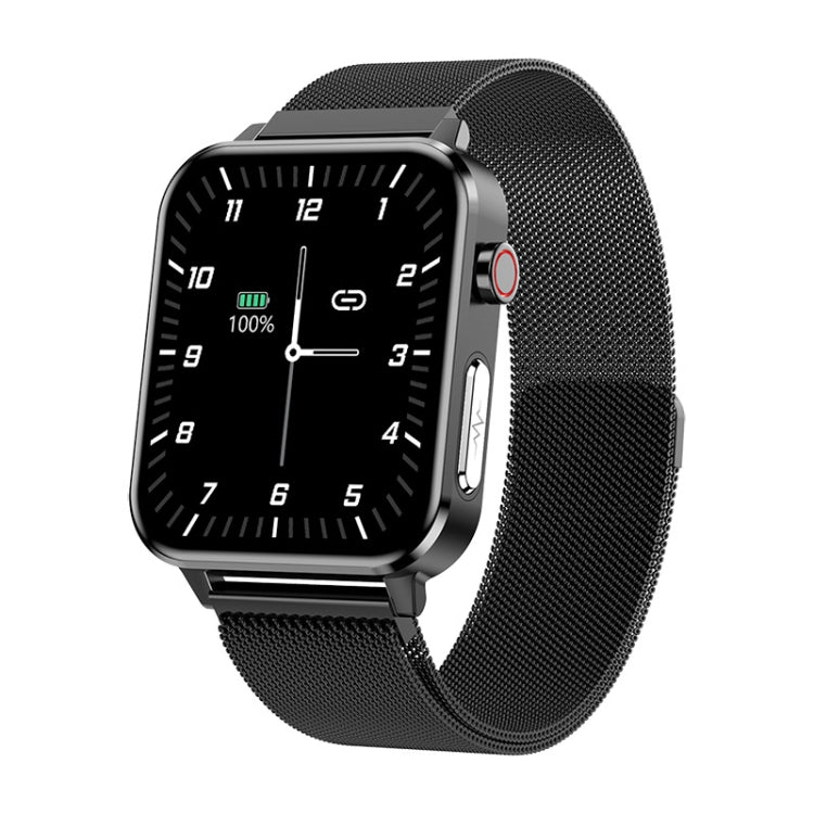 Bluetooth smartwatch with black mesh strap and black case, analog-style time face