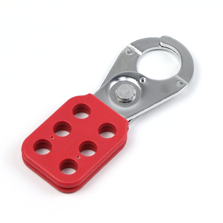 Chrome steel safety hasp lock with red six-hole base and curved shackle