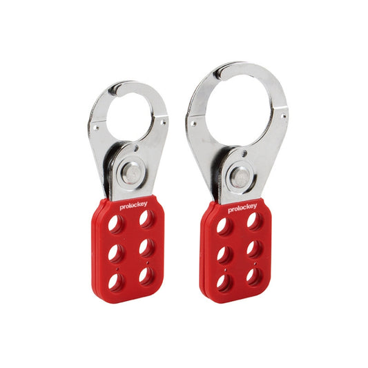 Pair of chrome steel safety hasp locks with red six-hole bases and shackles