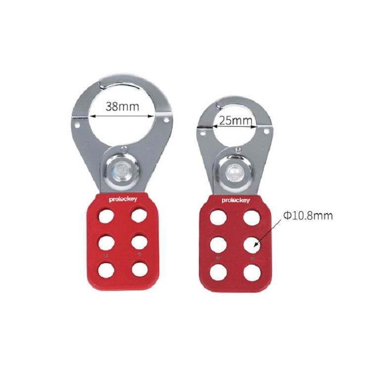 Safety hasp lock with red six-hole base shown with shackle size diagram