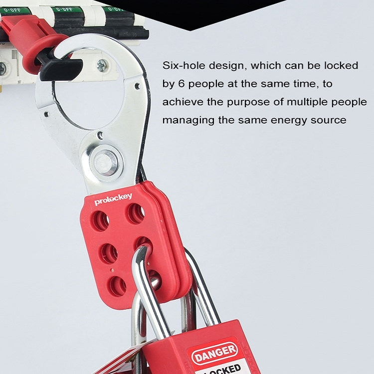 Safety hasp lock with red six-hole base attached to a panel with cables