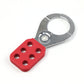 Chrome steel hasp lock with red six-hole base and ring-style shackle