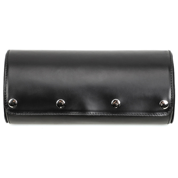 Black leather watch storage box with snap closure and four metal rivets