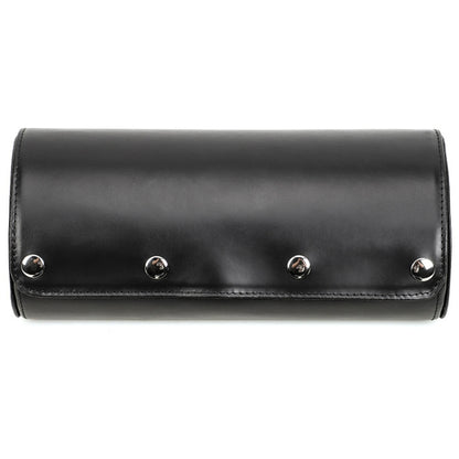 Black leather watch storage box with snap closure and four metal rivets