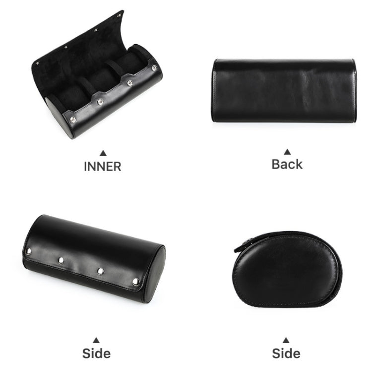 Black leather watch storage box with open inner slots and side compartments