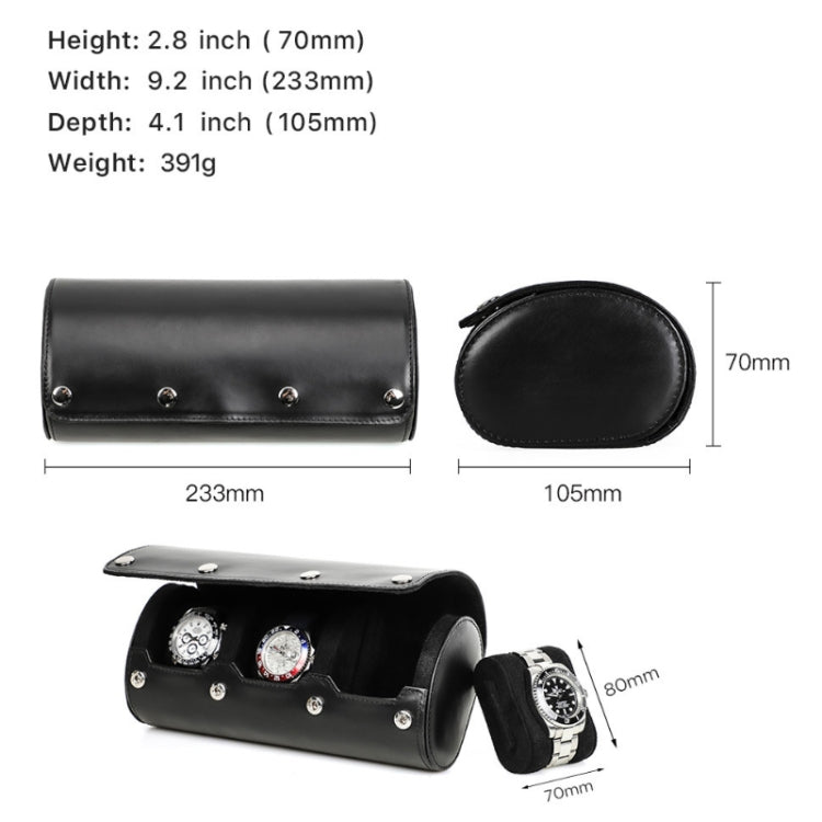 Black leather watch storage box with metal snaps and round end strap pouch