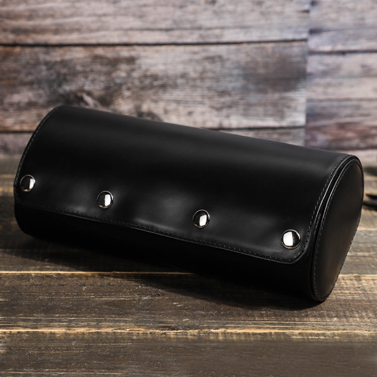 Black leather watch storage box with rivet-front design and curved end flap