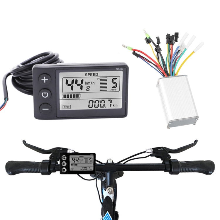 Electric bicycle dashboard display with wiring harness and control module, black and white