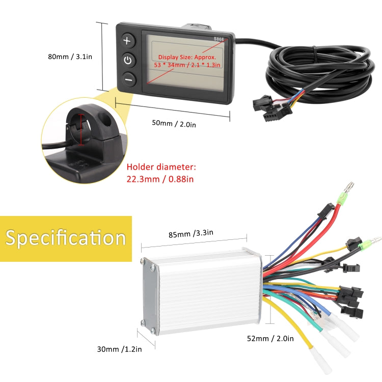 Electric bicycle dashboard and controller set with size diagram and multi-wire harness