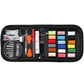Open black sewing kit case with thread spools, needles, measuring tool, and scissors