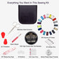 Sewing kit contents: scissors, needle set, thread spools, pins, buttons, and measuring tape