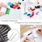 Hands holding thread while scissors and sewing tools rest with thread spools