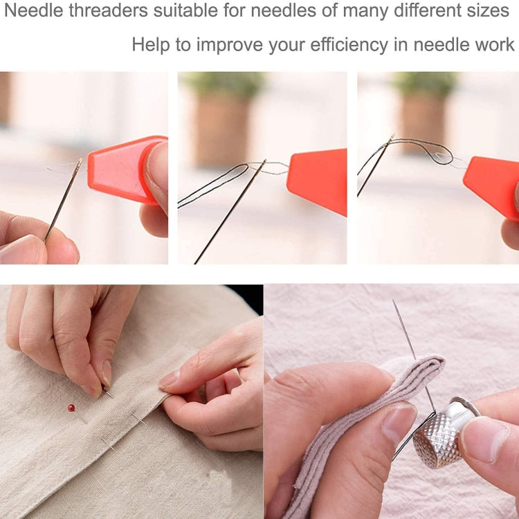 Needle threading tool and threaded needle shown with fabric for sewing